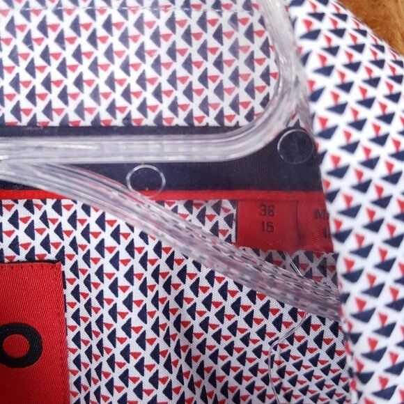 HUGO BOSS Shirt Mens 15 38 Red White Geo Print Button Up Slim Fit KOEY $128 - Picture 4 of 10